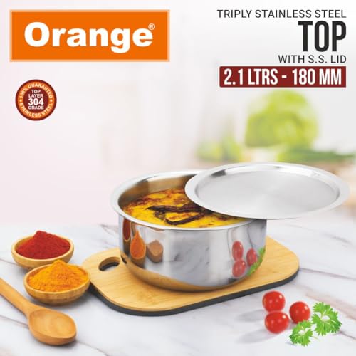 Orange Triply Stainless Steel Tope Milk Pot/Boiler/Tea Pot/Patila/Bhagona | 2.1L 18CM with Steel Lid, for Soups/Desserts/Broths | Sandwich Bottom |... - Image 2