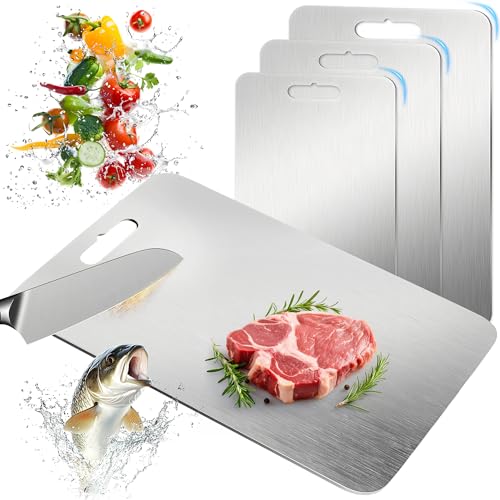 BOYUNSHI 3 Stück Titan Schneidebrett, Edelstahl Titanium Cutting Board Doppelseitiges Lebensmittel Grade Schneidebrett für Fleisch, Brot… – Ansicht 1