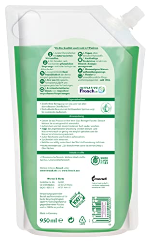 Frosch Spiritus Glas Reiniger, Glasreiniger - perfekter, streifenfreien Glanz - für Haushalt, Flächen und Autoscheiben, Nachfüllbeutel, 1er Pack (1 x 950 ml) 2