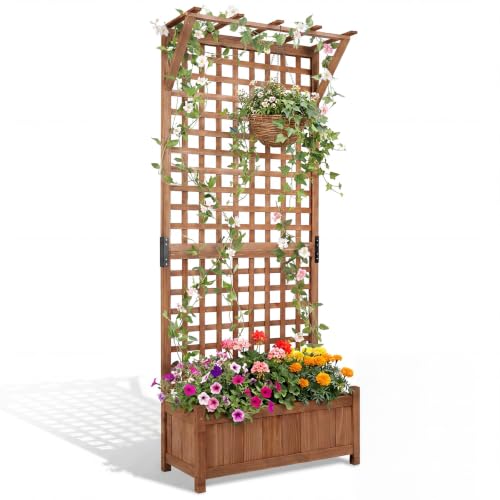 Image of COSTWAY Raised Garden Bed with Trellis, Wooden Trough Planter, Outdoor Garden Weather-Resistant Plant Rack for Vines, Climbing Flower, Plant Pot Box (with Hanging Roof,Brown, 75 x 33 x 181cm)