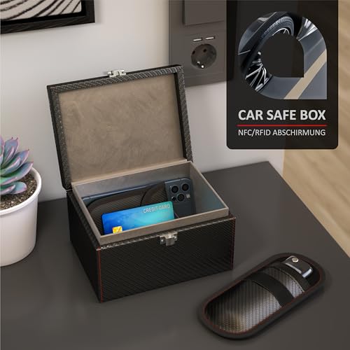 CSL - Keyless Go Schutz Box - NFC RFID Faraday Box, Abschirmung Blocking Autoschlüssel, inkl. 2X Schlüsselstaschen Hüllen - Safe Box gegen Cyber Kriminalität und Hackerangriffen