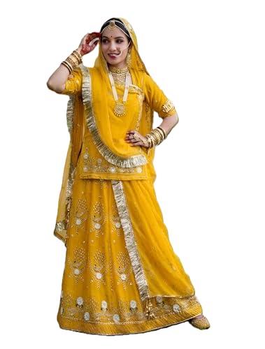 Image of Heavy Embroidery Work Semi Stitched Shimmer Silk Rajputi Poshak For Women Rajasthani Lehenga Choli