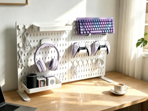 Gaming Desk Organizer, No-Drill Freestanding Desk Pegboard with Headphone Stand, Controller Holder, Keyboard Stand & Shelves, 5-in-1 Gaming Setup Accessories for Dorm Room & Home Office, White - Image 4