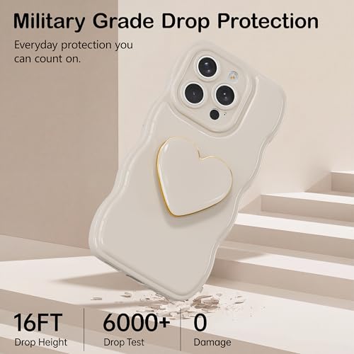 Aurorastar for iPhone 15 Pro Case, White Wave Frame with Heart Kickstand — view 3