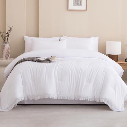 Image of Andency Queen Comforter Set with Sheets White -7 Pieces Boho Tassel Bed in a Bag Soft Lightweight Bedding Sets, All Season Fringe Bed Set with Comforter, Sheets, Pillowcases & Shams
