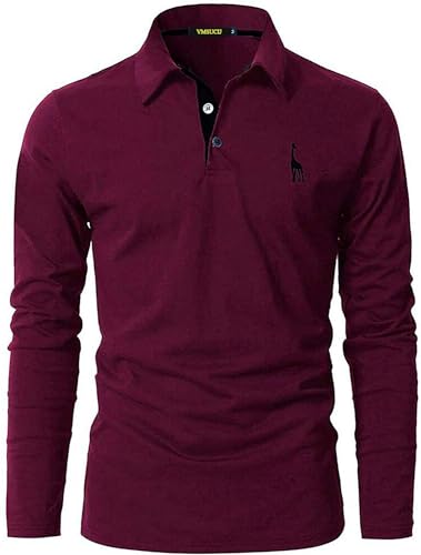 VMSUCIJ Polo Manga Larga Hombre Algodón Jirafa Bordado Shirt Clásico Golf Tenis Camiseta con Bolsillo,09-Rojo,L