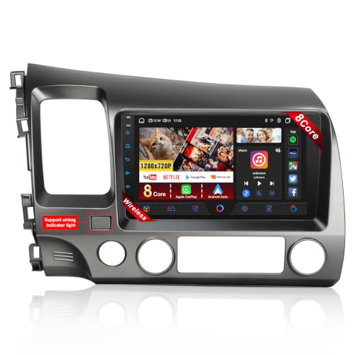 Car Stereo Radio 8 Core 4+64G for Honda Civic 2006 2007 2008 2009 2010 2011 with Wireless Carplay & Android Auto,9 Inch Touch Screen for Civic Radio with Airbag Indicator Bluetooth FM SWC Camera