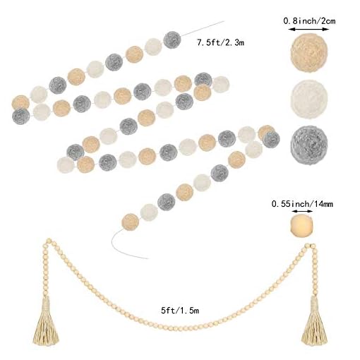 WILLBOND 2 Pieces Boho Wooden Bead Garlands Boho Garland Decor Farmhouse Rustic Country Beads and 2 Pieces Felt Ball Garlands Farmhouse Bead Tassel Hanging Garland for Christmas Party Home Decoration - Image 3