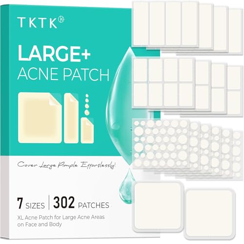 Image of TKTK Large Pimple Patches for Face, 7 Sizes XL Acne Patches, Big Hydrocolloid Bandages for Body, Chin, Forehead, Chest, Back Zit Breakouts, Hydrocolloid Patch (Strip, Square, Dot 302 Count)