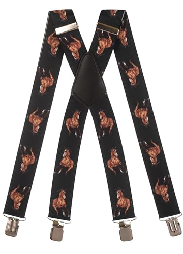 Olata Hängslen för män, extra stark 4 klämmor X-form, 4 cm med mönster, Häst B, one size