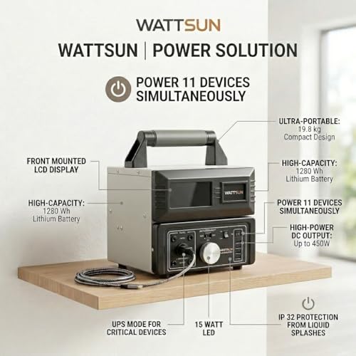Image of Wattsun 1450W Power Station with 1280Wh Lithium Battery | 2-in-1: 1kVA Inverter + 450W Power Station | Solar Compatible | Backup for Home, Travel & Camping | 15 Year Life | IP32 Rated | 5 Yr Warranty