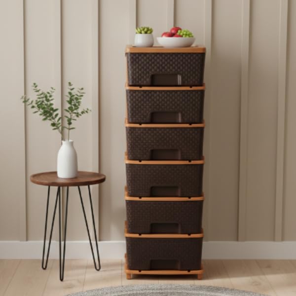 Image of KITCHIVO Plastic Modular Drawer Storage Chest Of Drawers Organizer Storage Box, Large Stomo Racks For Multipurpose Anti-slip Shoes Organizers (Brown, 6 Layer)