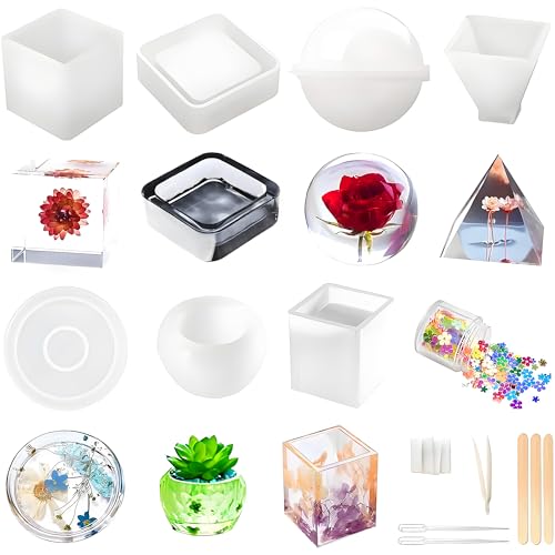 Resin Molds Silicone Kit 20Pcs,Epoxy Resin Molds Including Sphere,Cube,Pyramid,Square,Round, Used for Create Art,DIY,Coasters,Candles.Bonus Decorative Sequins and The Complete Set(20PCS Resin molds)