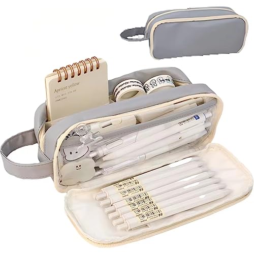 Image of Big Capacity Pencil Case 5 Compartments Large Pencil Pouch Pen Bag Pencil Box Holder Organizer Simple Storage Aesthetic Stationery Cosmetic for Adults Men Women College Office Essentials (Grey)
