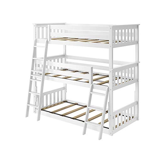 Image of Max & Lily Triple Twin Bunk Bed, Solid Wood Bed Frame For Kids, No Box Spring Needed, Easy Assembly, White