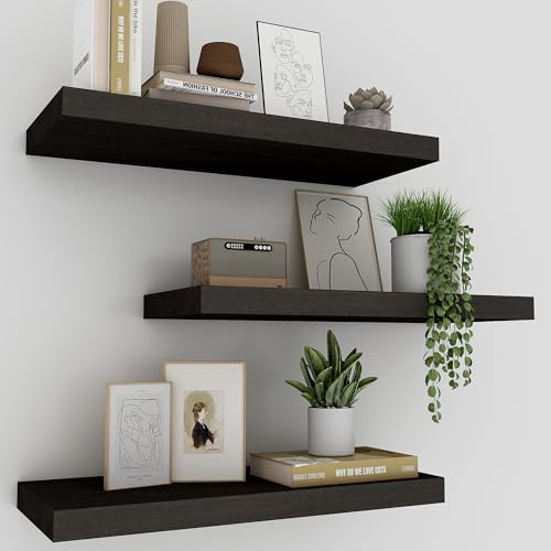 Image of Upassion Black Floating Shelves for Wall Set of 3, 16" Black Floating Shelves for Home Decor, Frame Display Wall Mounted Floating Shelf for Living Room, Bedroom, Bathroom, Kitchen