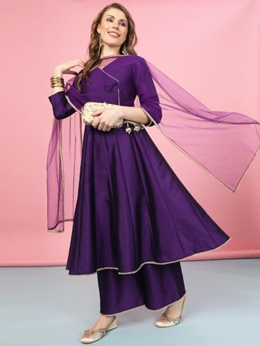 Image of A.T.U.N. (ALL THINGS UBER NICE) Cotton Women Anarkali Paneled Kurta With Palazzos & Dupatta