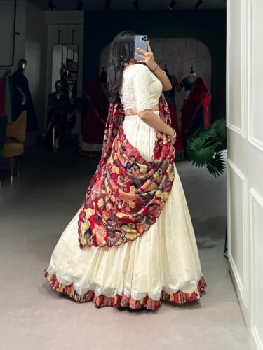 Image of Women's Cream Lehenga Choli with Dupatta | Stitched Tasar Silk Chaniya Choli | Kalamkari Print Ghagra with Lace Border | Flared Lehenga for Wedding Party Festive Wear