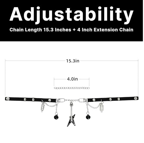 Goth Emo Choker Necklace with Guitar Razor Blade Bell Charms for Women Men – Punk Jewelry Black Faux Leather Collar for Cosplay Rock Costume Accessories2