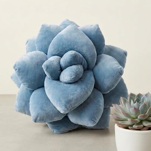 Image of Green Philosophy Co. Succulent Pillow 16 inch - Soft 3D Decorative Flower Throw Pillow, Unique Smokey Blue Plush Flower Cushion, Perfect for Couch, Sofa, Bedroom Decor, Gift for Plant Lovers