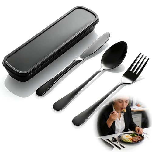 Set de Couverts en Inox 3 Pièces Couverts Lunch Box de Camping,Boite Couvert a Emporter Couteau Fourche Cuillère avec Boîte de Rangement Noir pour Camping et Pique Nique et Lunch Box