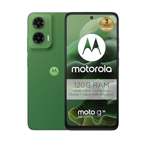 Motorola Moto g35 5G, 12GB (4GB+8GB RAM Boost)/128GB Verde, Pantalla FHD+ 6.72', cámara Dual de 50MP y Ultra Gran Angular, Selfie 16MB, batería 5000 mAh, Carga rápida de 18W