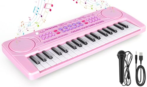 M SANMERSEN Kids Piano Keyboard 37 Keys Music Keyboard Piano Toys with Microphone Portable Dual Speaker Electronic Piano Keyboard Birthday Gift for Beginners Girls Ages 3 4 5 6 Pink