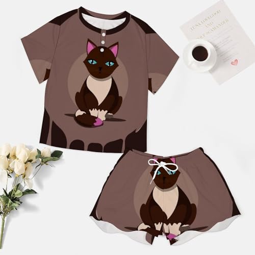 Ensemble de pyjama chat brun léger pour des soirées d'été cocooning