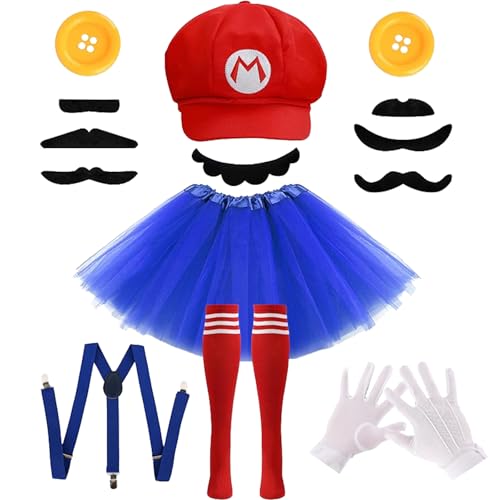 7 Pcs Halloween Cosplay Costumes Accessories Set for Women Plumber Costume Outfit Cosplay Party Tutu Hat Suspenders Mustaches Gloves Buttons for Adults Red