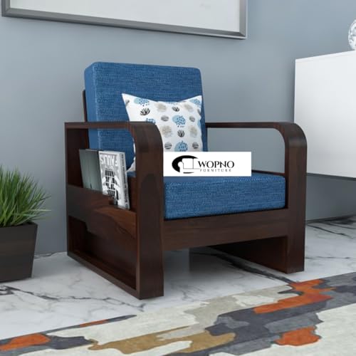 Image of Sheesham Wooden 1 Seater Sofa for Living Room | Solid Wood Sofa with Side Pocket Storage & Cushion | Rosewood Sofa Set for Home & Office | Lounge (Walnut with Blue Cushion, 1 Seater)