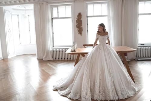 Mouccy Women's Princess Lace Wedding Dresses with Train Lace Long Sleeve Wedding Ball Gowns A-line Bridal Gowns for Bride4