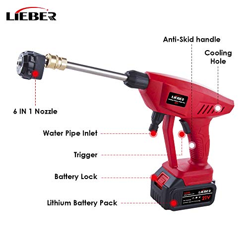Battery Powered Pressure Washer, Lieber 21V Cordless Portable Power Cleaner 3Ah 410 PSI/ 2800KPA Power Washer Electric Pressure Washer for Car, RVs Boats or Home Projects - 6 in 1 Nozzle (Red)