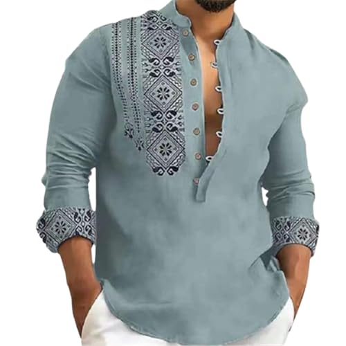HOTYD Mens Aztec Print Linen Shirts Band Collar Long Sleeve Half Button Henley Shirts Summer Beach Casual Hawaiian Shirts