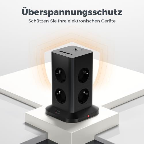 TESSAN Mehrfachsteckdose mit USB C und 3 USB A, 8 Fach Steckdosenleiste Überspannungsschutz, Verlängerungskabel 2M, Mehrfachstecker 3600W, Steckdosenturm Verteilersteckdose für Zuhause, Schwarz 5