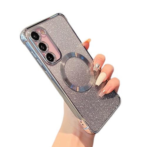 Coque Samsung S23 paillettes pour femmes coque magnétique et transparente look argenté