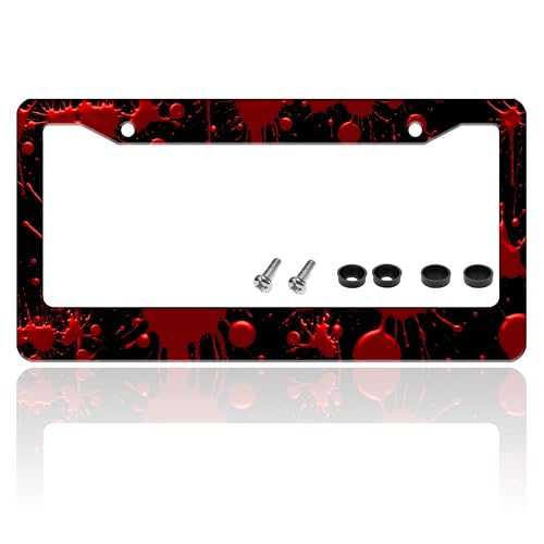 Red Blood Drop License Plate Frame Blood Spatter License Plate Holder for Front or Rear Car Tags Reusable Stainless Steel Funny Car Decoration with Screws 6.3 X 12.2 Inch
