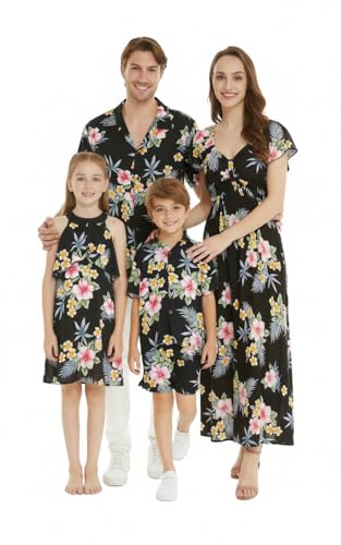 Image of Family Matching Hawaiian Clothes, Hibiscus Black | Black Hibiscus Print • Soft Rayon Fabric • Family Matching Outfits • Vacation Ready • Luau Party Wear