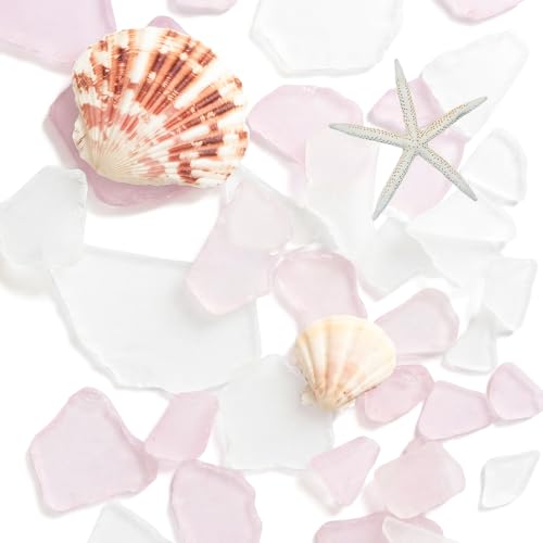 White Pink Sea Glass 10oz Bulk Mix with 2 Pieces Seashells - Genuine Beach Tumbled Glass Pieces for Crafts Vase Filler Coastal Home Decor DIY Projects Gift Filling