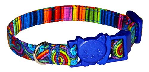 Psychedelic Swirls Cat Or Kitten Collar - Colorful - Rainbow - Geometric - 100% Cotton - 3/8 Inch Wide - 2 Sizes Adjusts 6 To 8.5 Or 7.5 To 12 Inches - Breakaway Safety Buckle #TOP5