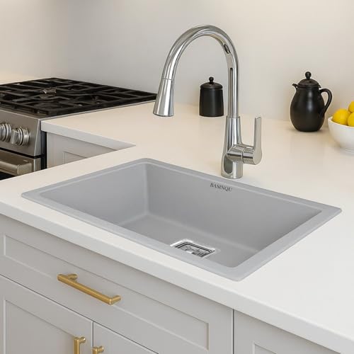 Image of BASINQU Quartz Kitchen Sink 24 x 18 x 9 Inch Granite Kitchen Sink Single Bowl Grey Quartz Sink for Kitchen Basin Sound Dampening Scratch Resistant UV-Protected Noise Reducing sinks