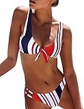 BMJL Women's Sexy Detachable Padded Cutout Push Up Striped Bikini Set Two Piece Swimsuit (Small, Stripe Flag)