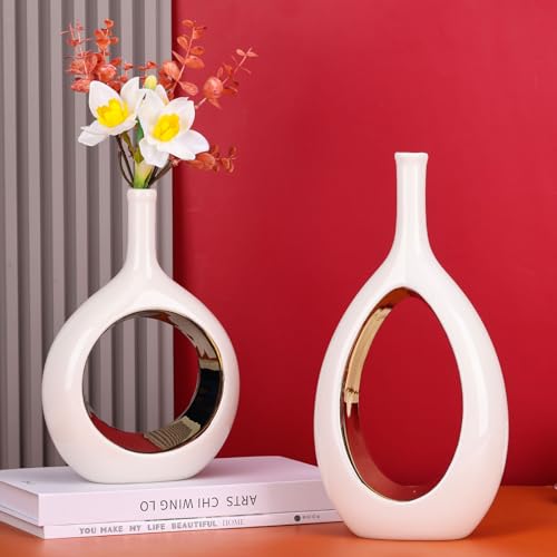 Vaso branco e dourado, vasos brancos de cerâmica, decoração de casa, círculo minimalista moderno com
