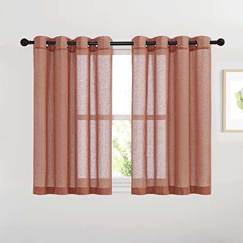 NICETOWN Washed Linen Sheer Curtains for Window, Grommet Linen Burlap Window Treatment Privacy with Light Filtering Vertical Drapes for Bedroom, Terracotta=Burnt Orange, 2 Panels, W52 x L45