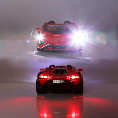 Image of 1:32 Open Lamborghinii Sian Diecast Toy Car Metal Pull Back Vehicle with Openable Doors Lights & Sound Collectible Gift Toy for Kids Boys & Girls Fun & Realistic Design (Red)