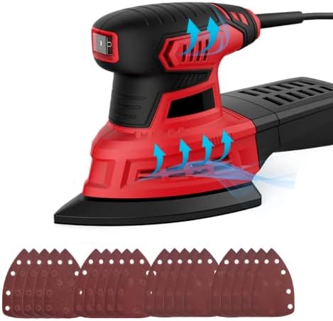 Detail Sander, 200W Electric Hand Sander for Wood, 12500 RPM Compact Palm Detail Sander Tool with 20 Pcs Sanding Paper, Vacuum Dust Collection Box, for Plywood, Metal, Paint Dry Walls