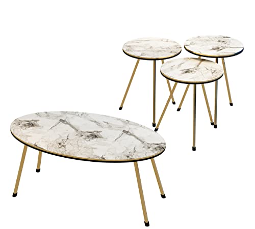 Sunrise Home Decor 4 Piece Living Room Table Set, 1 Coffee Table And 3 Nesting Tables, No-Tools Assembly (Ellipse Coffee Table/Round Nesting Tables) (White Marble/Gold) #TOP4