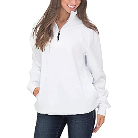 Diukia Women's Long Sleeves Collar Quarter 1/4 Zip Pullover Sweatshirts Casual Solid Hoodies with Pockets (S-2XL) A White Cover