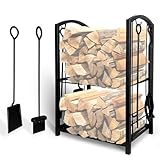 Grandhom Kaminholzregal innen with 4pcs Kaminwerkzeuge Set,2-Lagen Brennholzregal und Kamin Zubehör, Holzofen Metall Kaminholzständer with Kamin Besteck für Holzaufbewahrung,Schwarz, 45x30x75cm