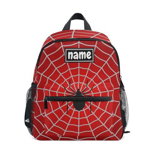Custom Kid's Name Backpack, Halloween Spider Web Red Backpack for Daycare Travel Personalized Name Preschool Bookbag Children Kindergarten Bag for Boys Girls