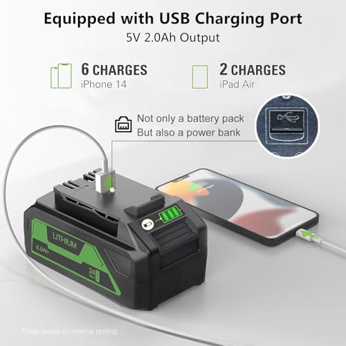 Image of FSKE 6.0Ah Replacement for Greenworks 24V Battery BAG708 29842 29852 with USB Output - Compatible with Greenworks 24 Volt Power Tools 2Packs